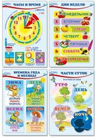 Комплект познавательных мини-плакатов. Математика. Ориентировка во времени (4 листа+текст на обороте)