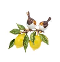 Брошь "Воробьи на ветке лимона" (цветная в золоте)