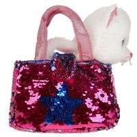 Мягкая игрушка "Белая кошка в сумочке из пайеток" (17 см)